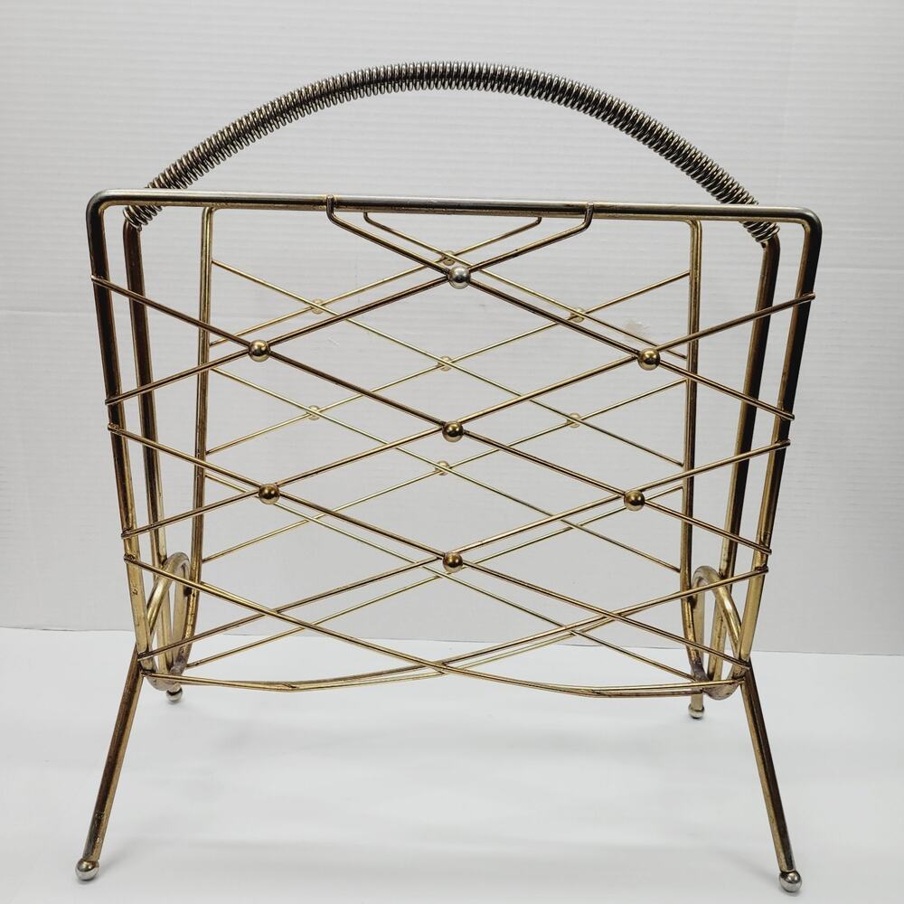 Vtg MCM ATOMIC Diamond Magazine Rack Holder Gold Brass Plate Wire Wrapped Handle